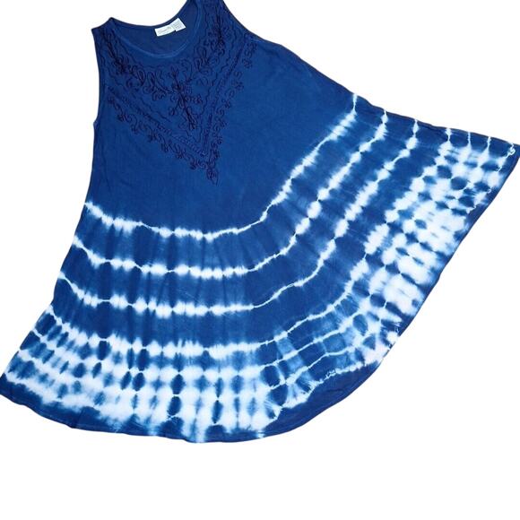 Vintage Sante Sleeveless Boho Navy Blue Tie Dye Dress Tunic Rayon Women One Size - Picture 10 of 11
